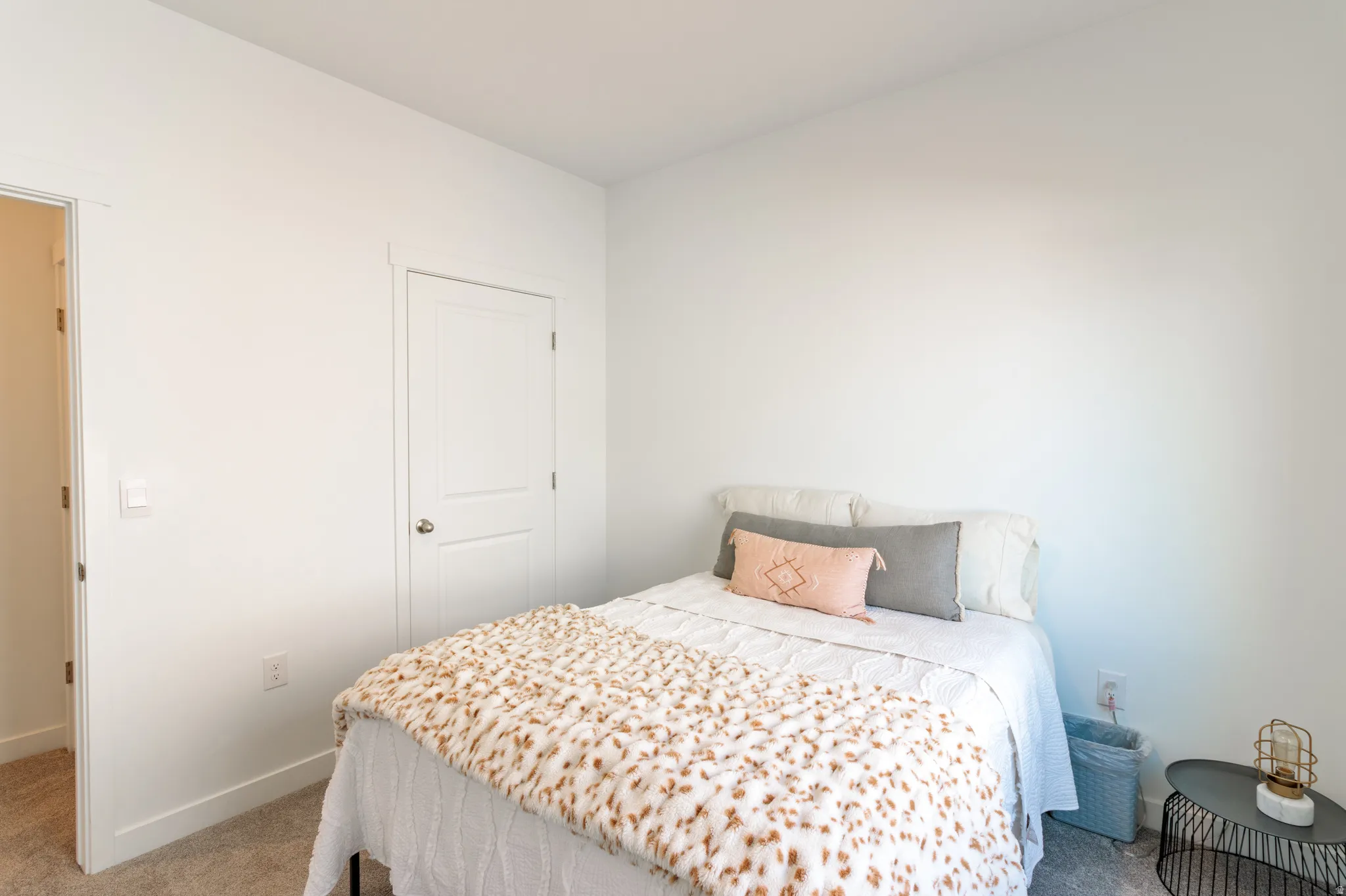 Light-colored wall finishes, white trim, and a paneled door
