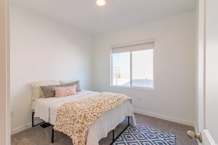Bright room with plush carpeting, recessed lighting, and a window with roller shade