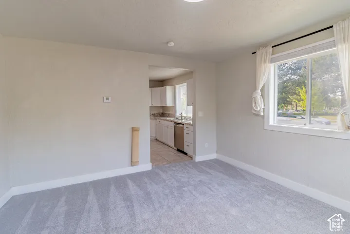 Gray carpeting, light-toned walls, and a window with white trim