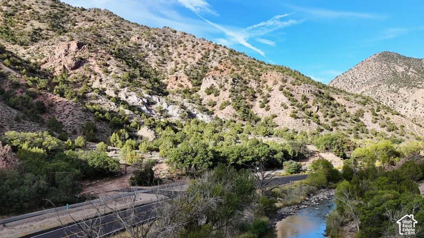 Mountainous terrain featuring diverse foliage, a winding river, and a paved road