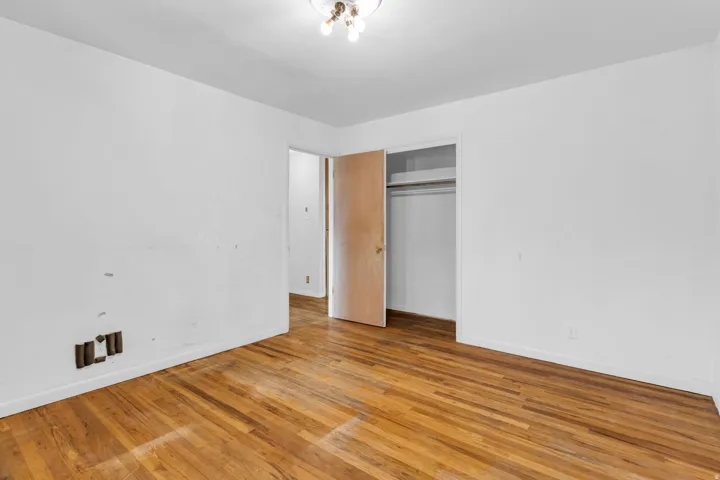Hardwood flooring, recessed closet, flush mount ceiling light, white painted walls
