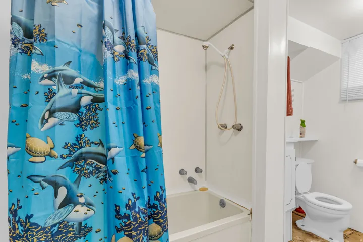 Bathtub with white surround and wall-mounted shower fixture