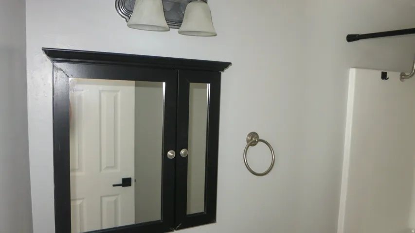 Wall-mounted medicine cabinet with a dark finish and mirrored doors
