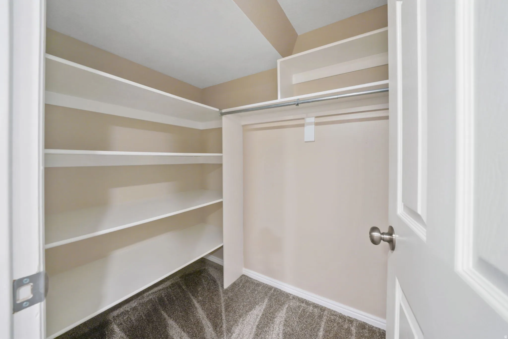 Integrated shelving system with white finishes, chrome hanging rod, and neutral-toned wall paint
