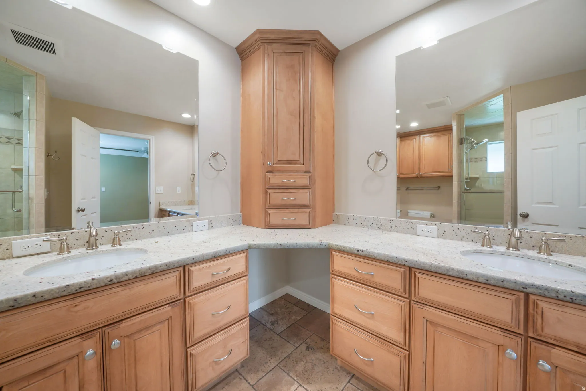 Dual integrated sinks with brushed nickel fixtures