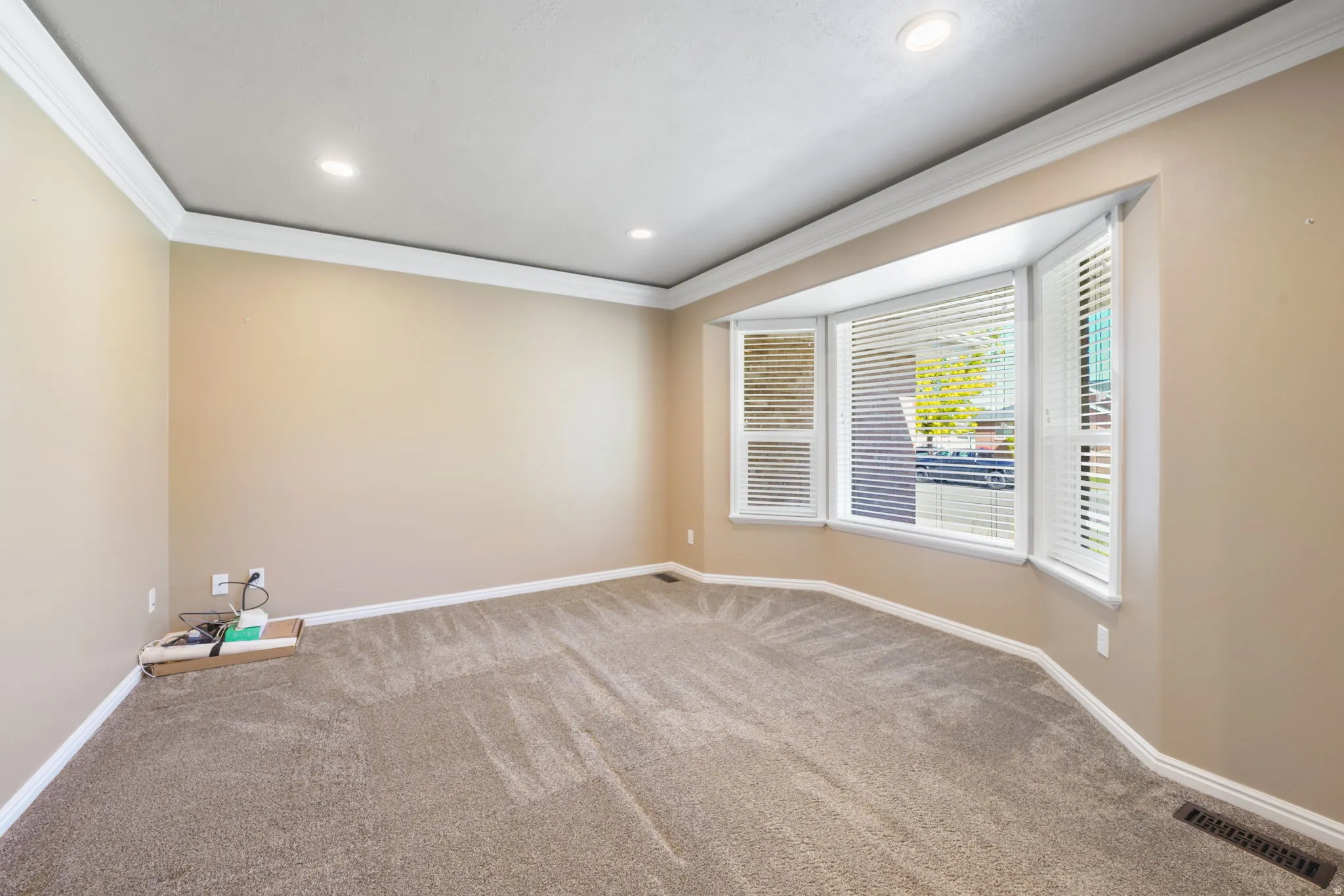 Tray ceiling, recessed lighting, crown molding, bay window, carpeted flooring
