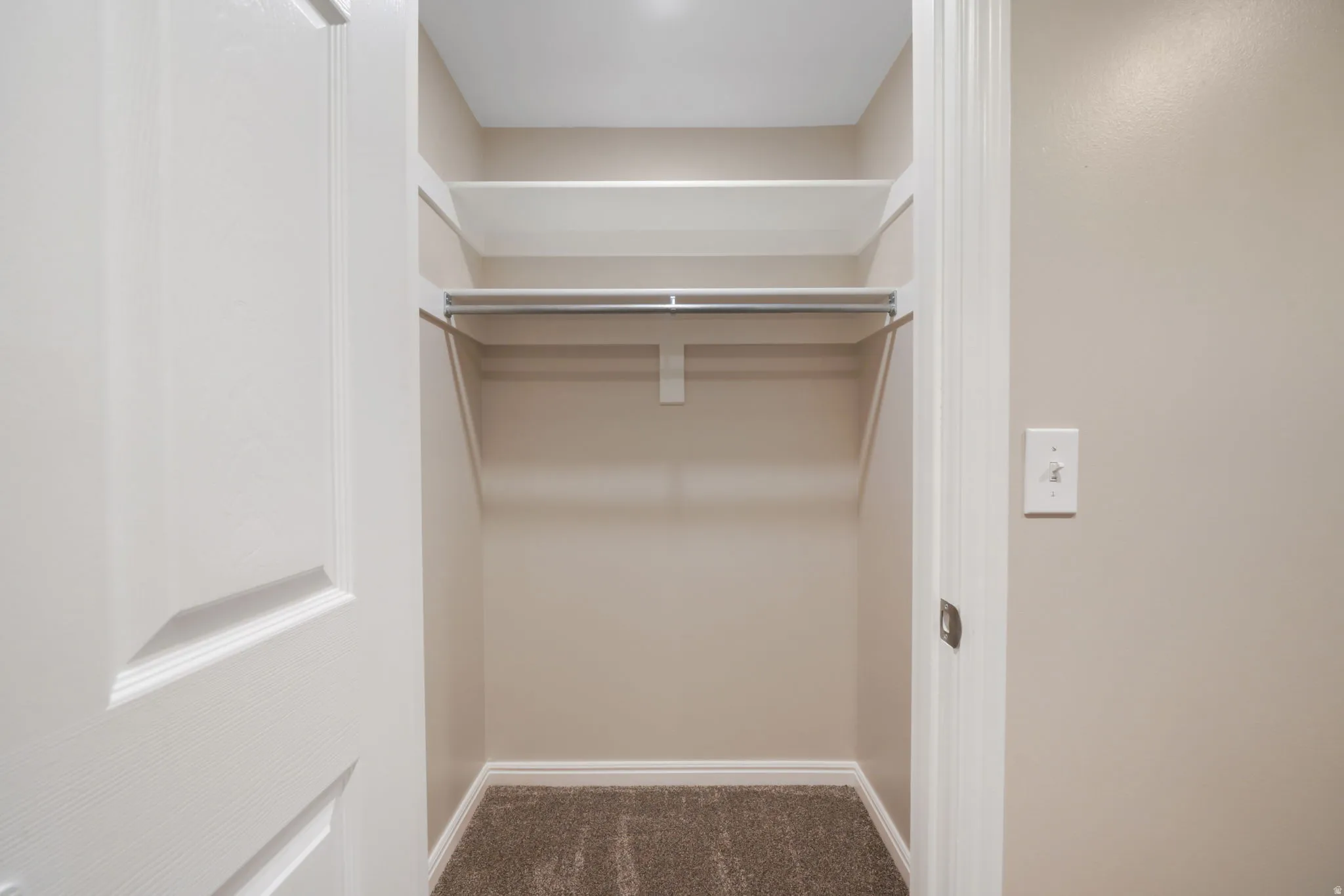 Built-in closet shelving and hanging rod with neutral carpeting