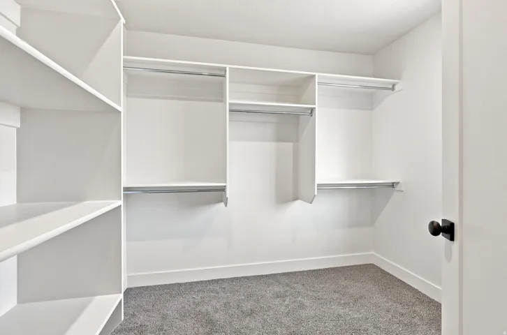 Walk-in closet featuring white built-in shelving, multiple hanging rods, and gray carpet flooring