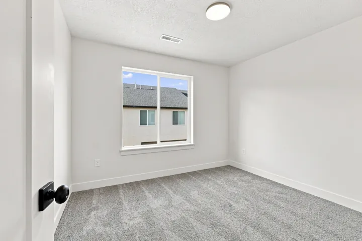 White painted walls, grey carpet, flush-mount ceiling light, and a black door knob
