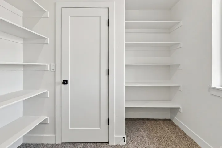 Recessed shelving with clean white finishes, white interior door with black hardware, and carpet flooring