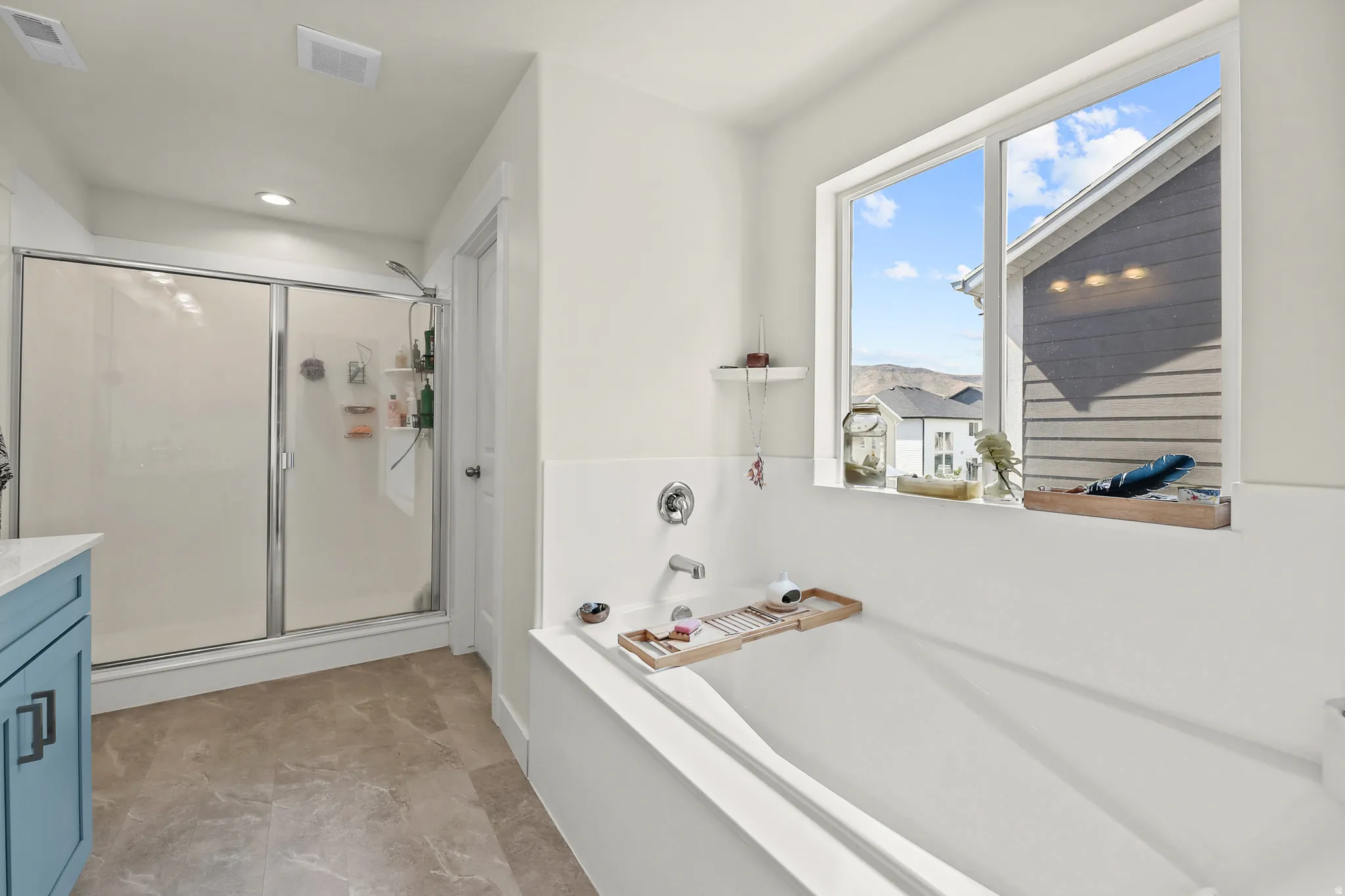 built-in bathtub, and a separate shower