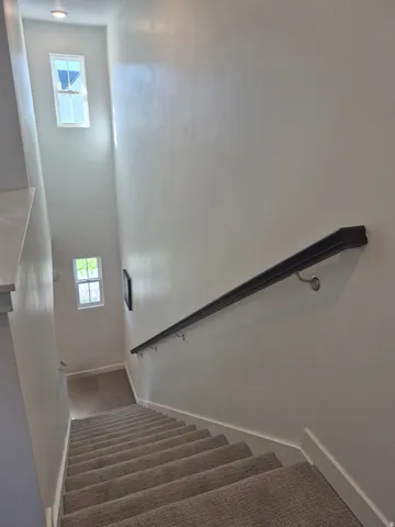 Carpeted stairway featuring a dark handrail, recessed lighting, and multiple windows