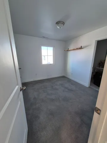Carpeted room featuring a single window and a ceiling-mounted light fixture
