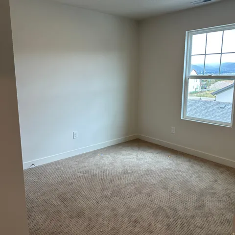 Recessed lighting, neutral wall tones, window with grid pattern, and carpeting