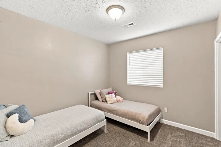 Neutral wall color, textured ceiling, window with horizontal blinds, overhead ceiling light fixture, and dark carpeting