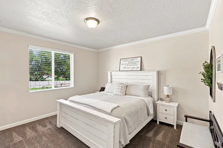 Crown molding, neutral wall tones, textured ceiling, window with horizontal blinds, and carpeted flooring