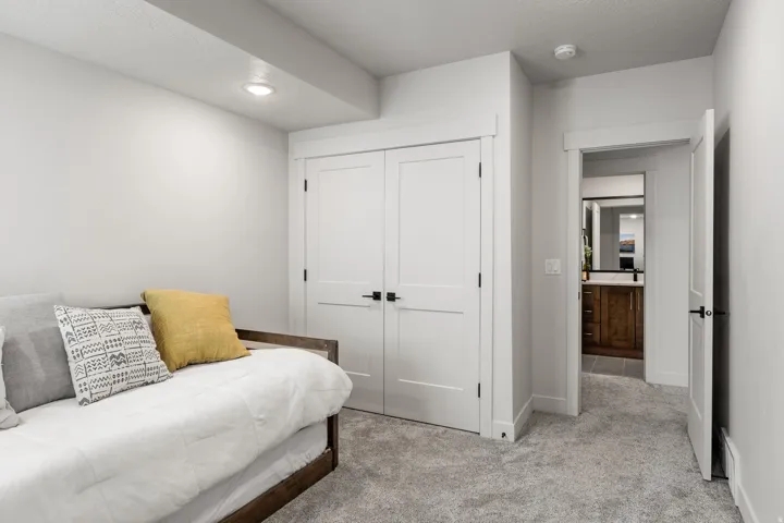 Plush carpet flooring, recessed lighting, white interior doors, and modern door hardware
