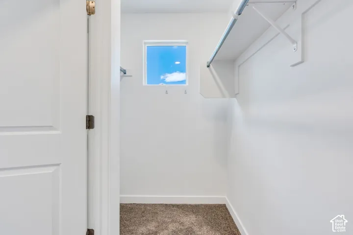 Recessed window with natural light, integrated closet shelving, metal hanging rod, and carpet flooring