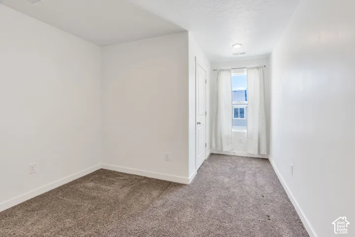 Neutral wall paint, carpet flooring, a single window, and an overhead light fixture