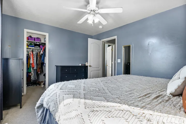 Recessed closet with built-in shelving, white ceiling fan, and light-colored carpeting