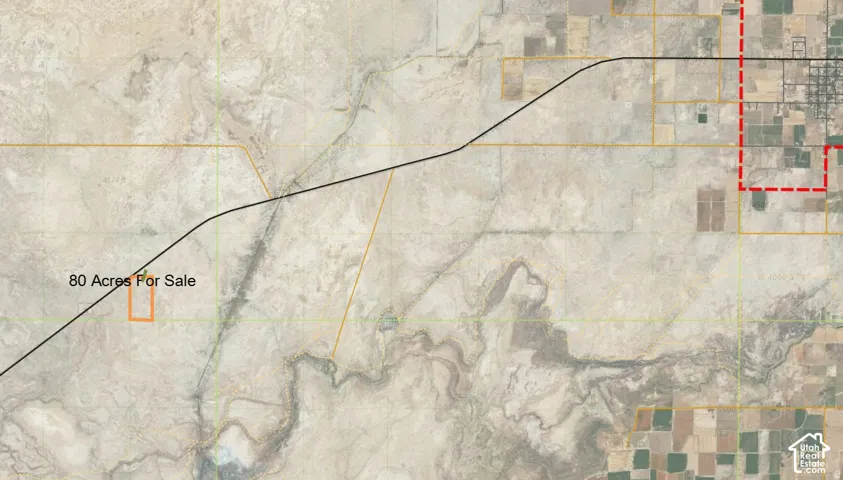 Aerial Map. Depicting a parcel of land designated for sale, indicating its acreage and general location- red dashed line is Hinckley City limits