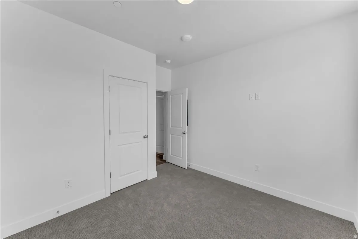 Neutral wall paint, gray carpet, white interior doors, and overhead lighting