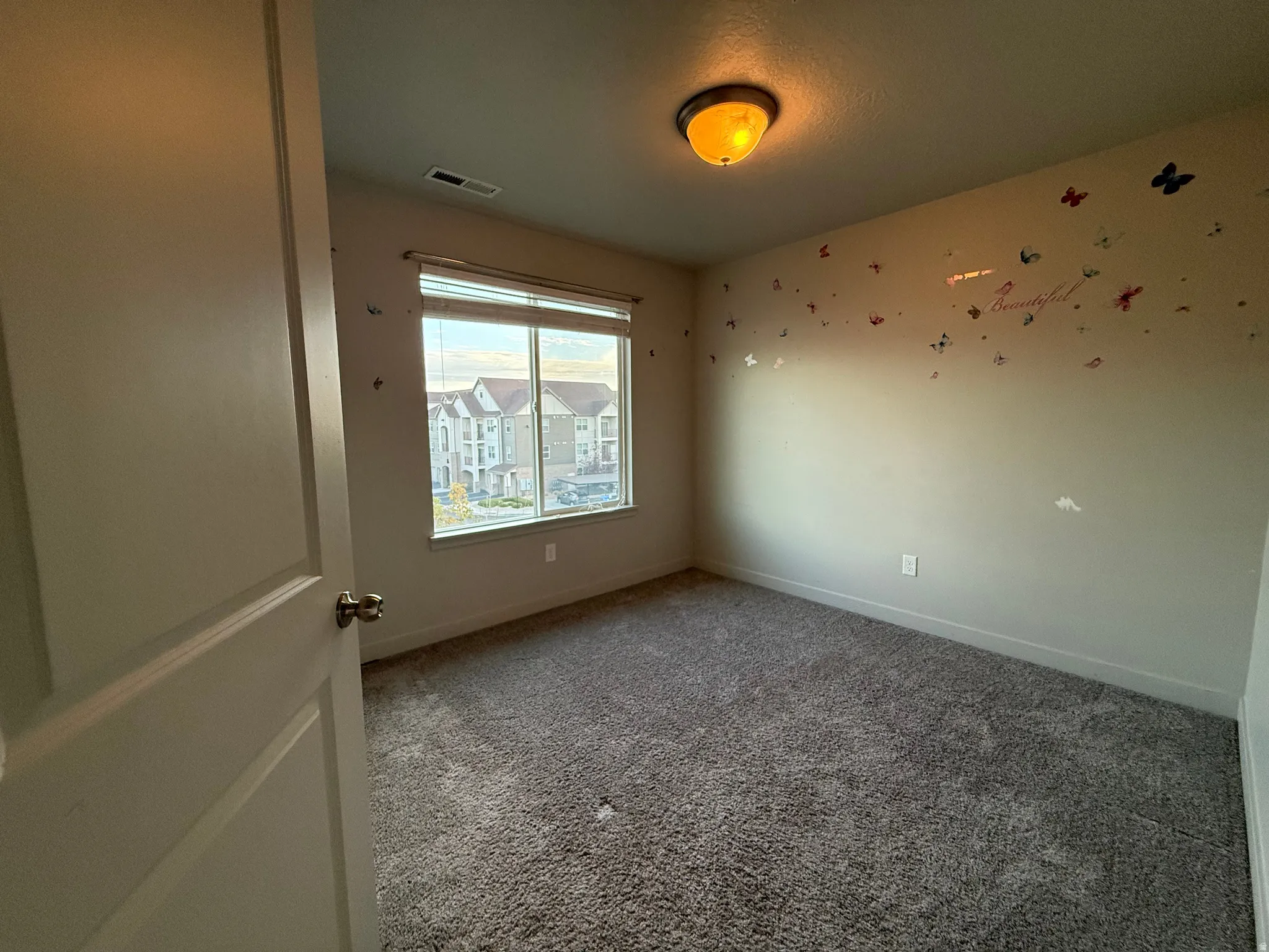 Carpeted room with a large window and a ceiling-mounted light fixture
