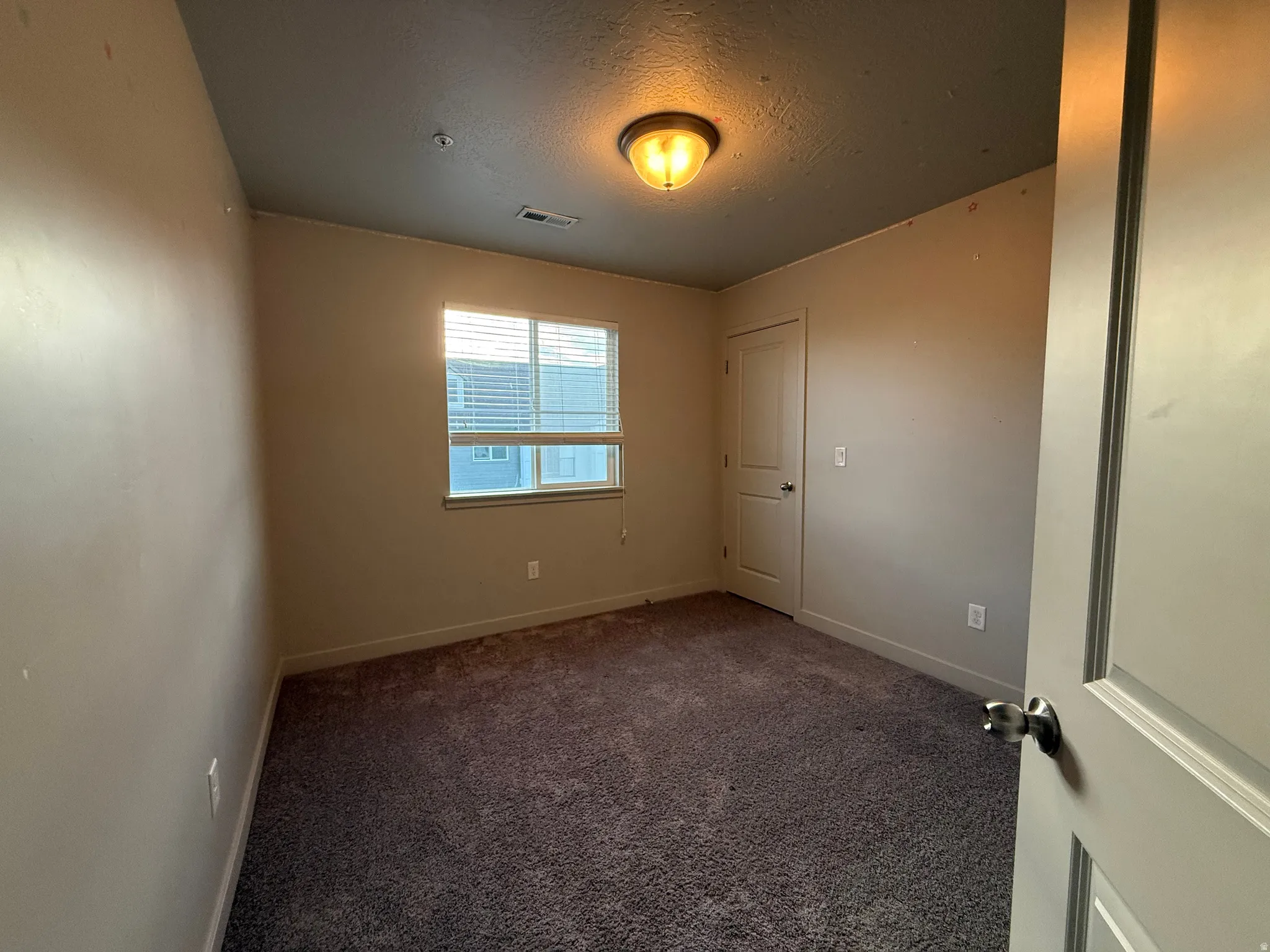 Carpeted flooring, window with blinds, interior door, flush mount ceiling light, and neutral wall tones