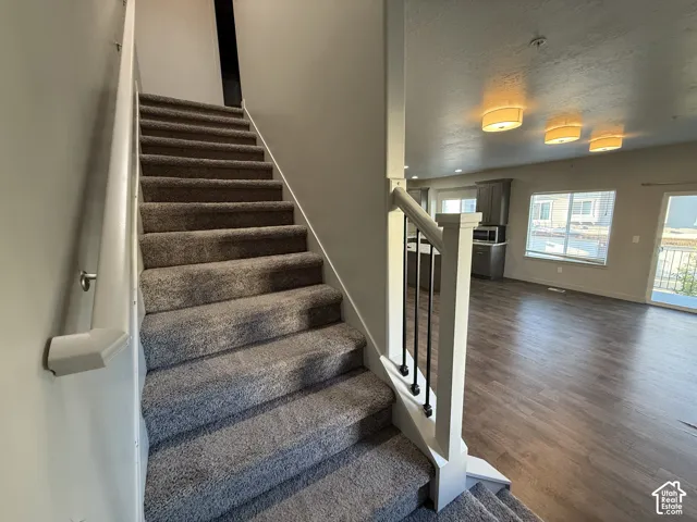 Carpeted staircase with white newel post and black metal balusters