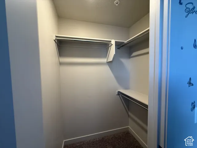 Built-in shelving, integrated hanging rods, and textured carpeting