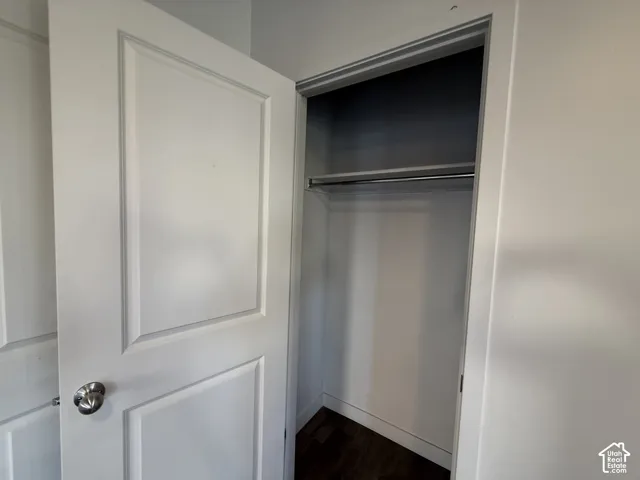 White paneled door with a brushed nickel doorknob, leading to a closet with a built-in hanging rod and wood-finish flooring