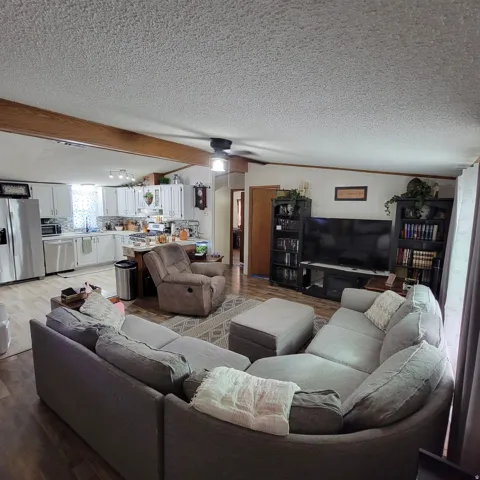 Open-concept living space with wood-finish flooring