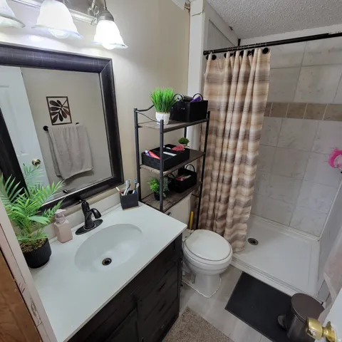 Vanity with integrated sink, dark wood-finish cabinetry, and framed mirror