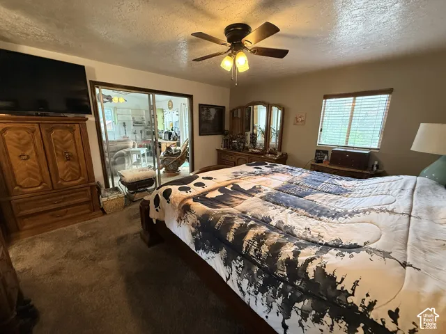 Carpeted room with a ceiling fan, window with blinds, and sliding glass doors