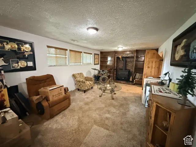 Carpeted flooring, wood-paneled accent wall, brick fireplace with wood-burning stove, built-in wood shelving, and multiple windows with wood blinds
