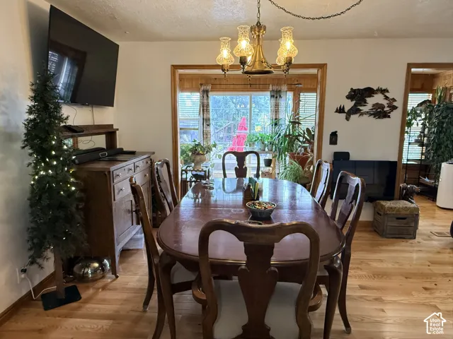 Hardwood flooring, wood-framed window, built-in fireplace, and a decorative overhead light fixture