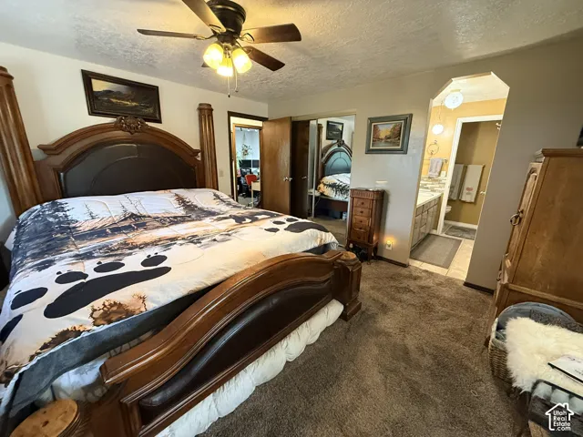 Spacious room with carpet flooring, a ceiling fan with integrated lighting, and direct access to an attached bathroom featuring a double vanity with a stone-finish countertop and tiled flooring