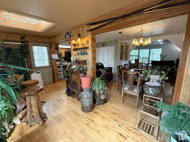 Hardwood flooring throughout, wood paneling, skylight, and recessed lighting