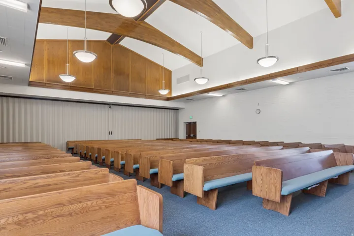 Vaulted ceiling with exposed wood beams, suspended dome lighting, wood-paneled wall accents, carpeted flooring, and a large partition wall