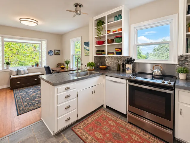 Spacious kitchen and dining area with plenty of storage