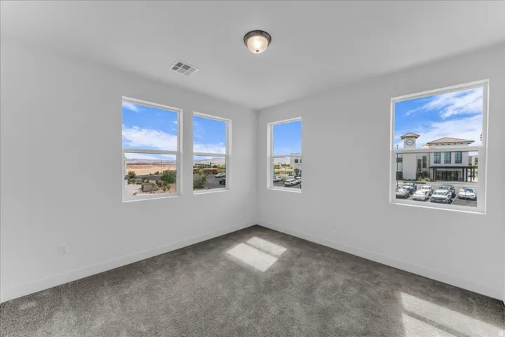 Neutral wall paint, ceiling-mounted light fixture, multiple windows, and carpet flooring