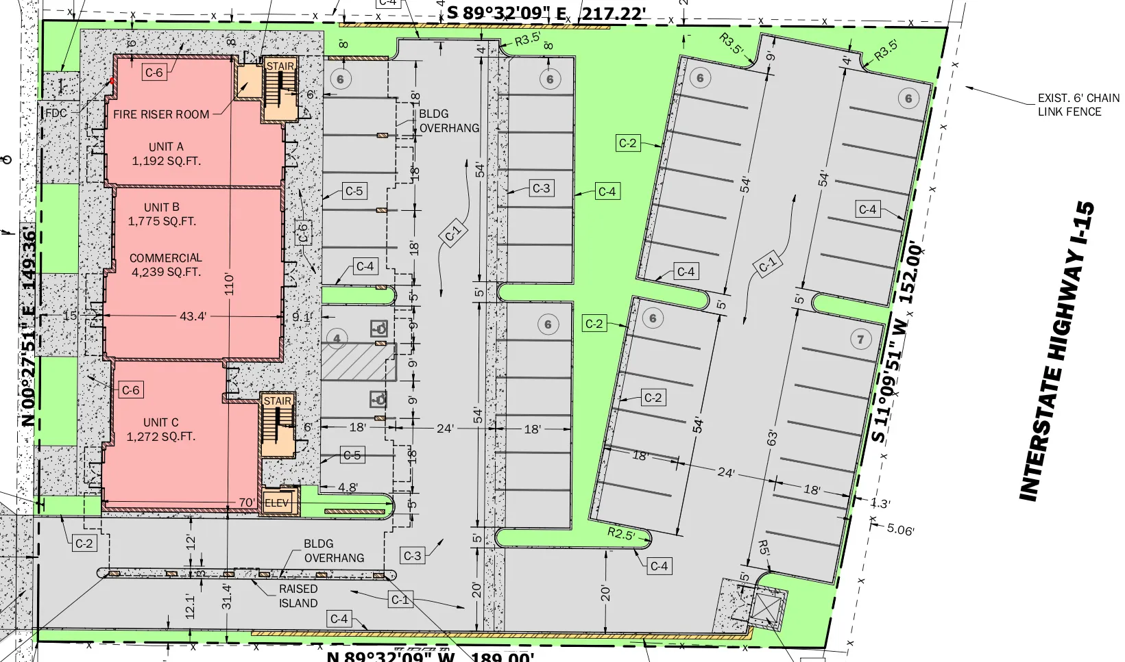 Site Plan. Depicting the property layout with building units, parking areas, and boundary dimensions