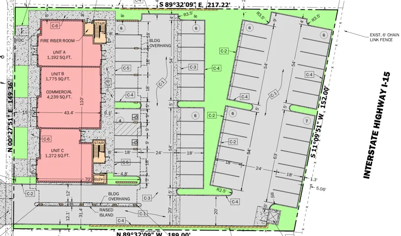 Site Plan. Depicting the property layout with building units, parking areas, and boundary dimensions