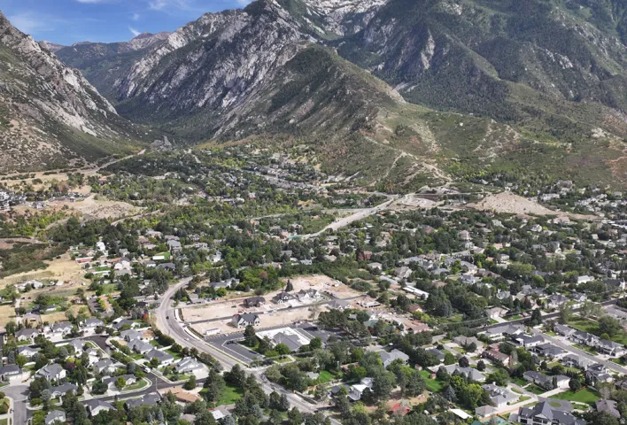 Expansive mountainous terrain surrounding a residential area with varied housing styles and abundant mature trees