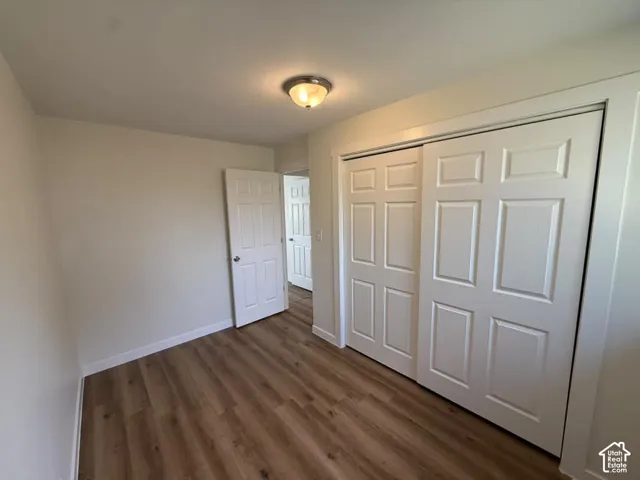 Wood-finish flooring, overhead flush mount lighting, white paneled doors, and sliding closet doors