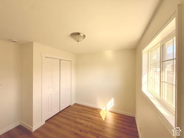 Wood-finish flooring, white walls, double bi-fold closet doors, and an overhead flush-mount light fixture