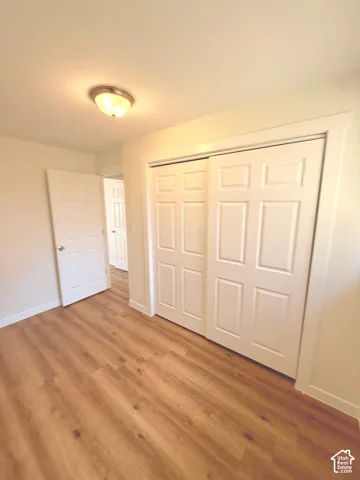 Wood-finish flooring with white trim, a flush-mount ceiling light, and white paneled doors