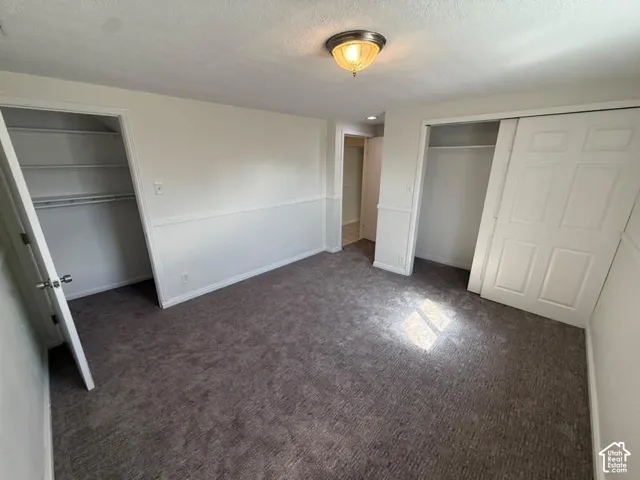 Carpeted flooring, two built-in closet spaces, flush mount ceiling light fixture, and white wall paneling
