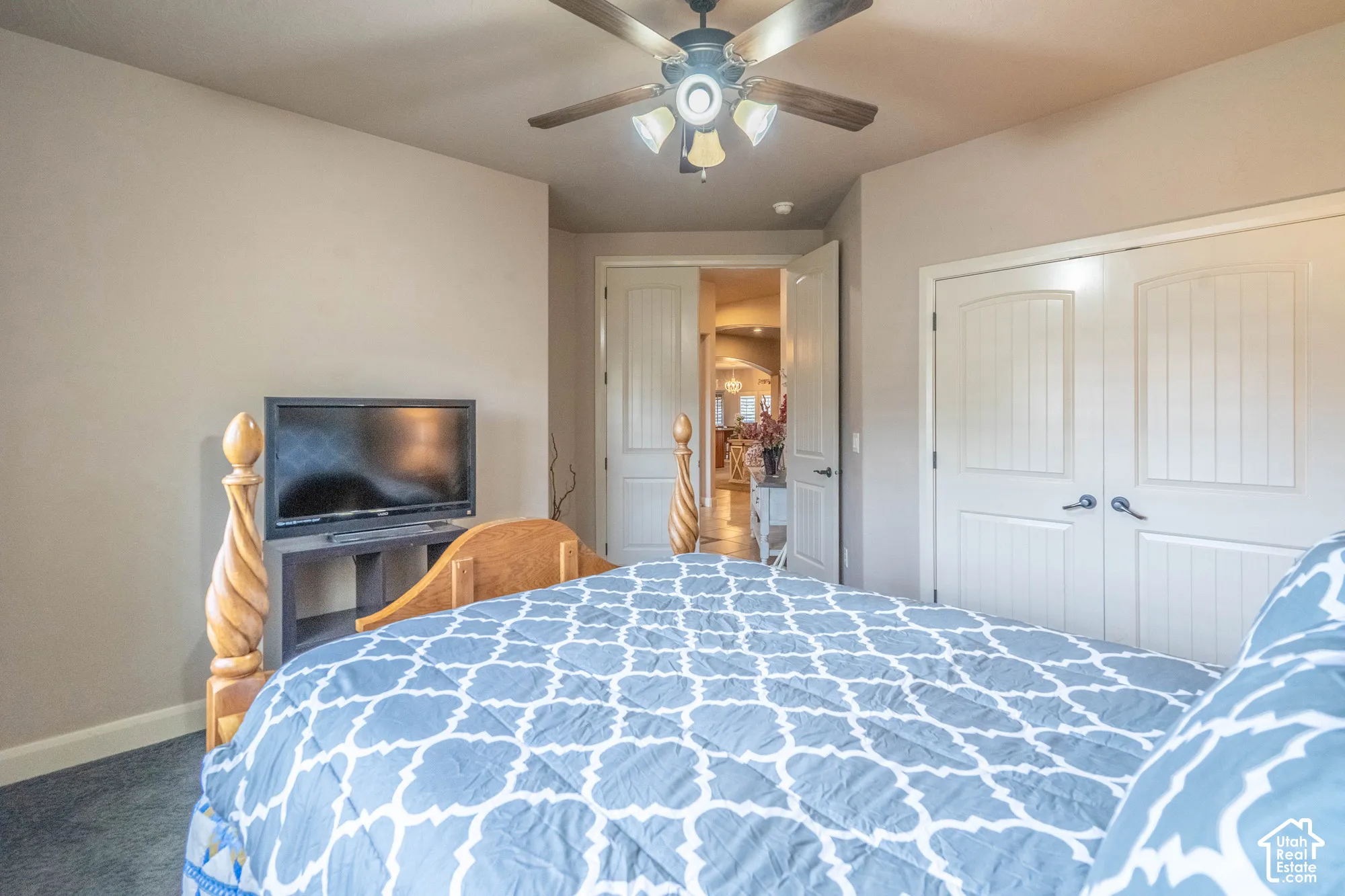 Ceiling fan light fixture, double closet doors, white paneled interior doors