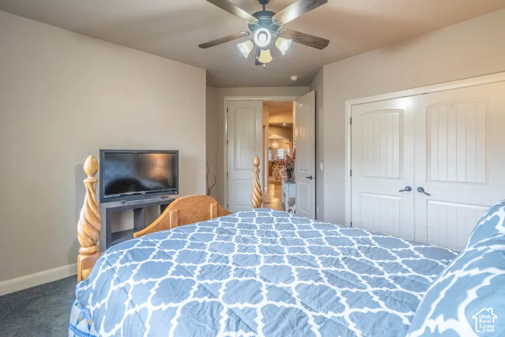 Ceiling fan light fixture, double closet doors, white paneled interior doors